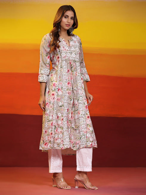 Urmi in Fizaa Chikankari Long Kurta in Muslin Cotton for Women- Grey Print